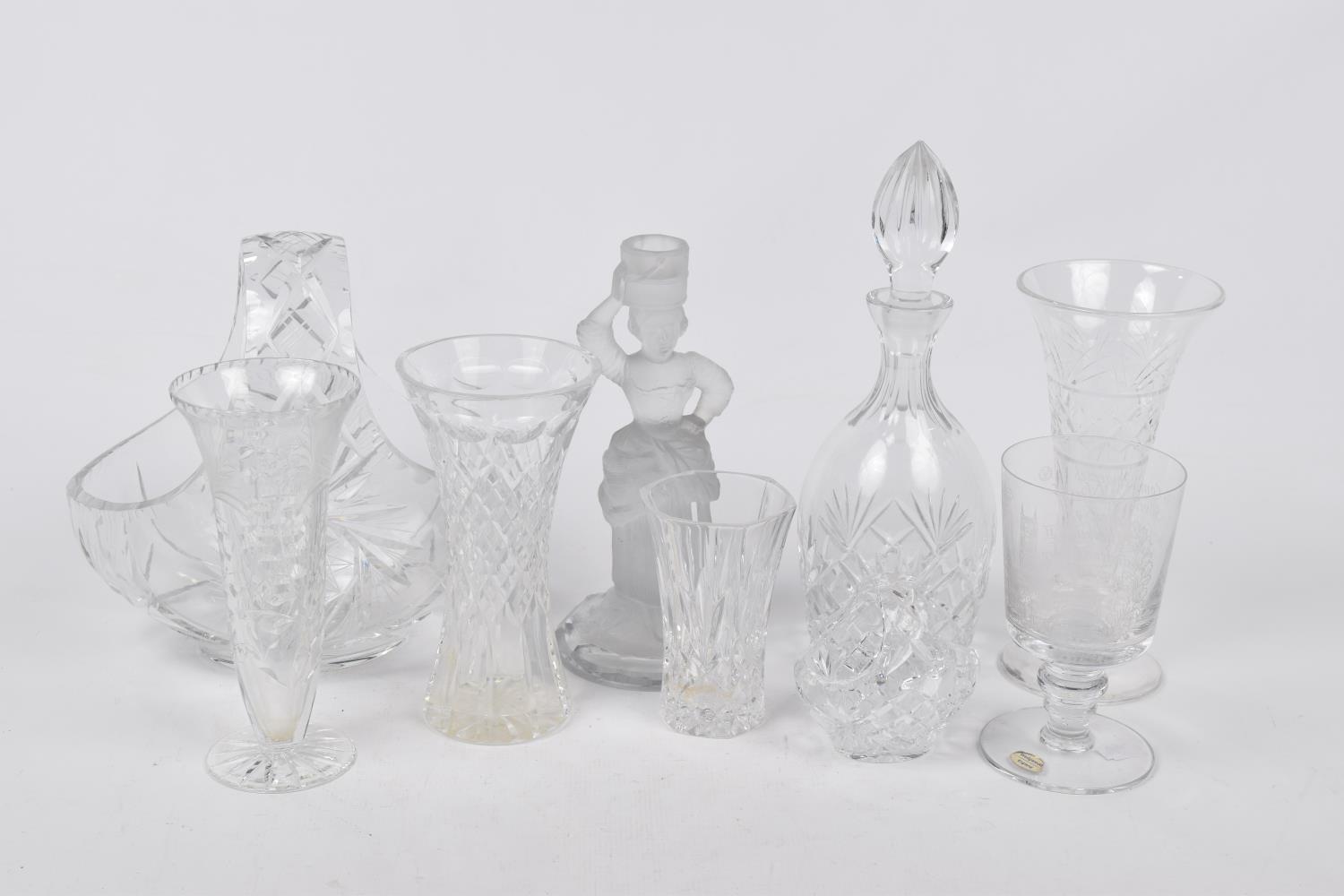 A collection of various cut glass items To include fruit bowl, decanter, various vases, Wedgewood