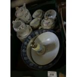 A mixed lot comprising a Wedgwood blue and white covered bowl with dragon formed handle together