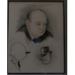 Leonore Knight - A study of Winston Churchill, bearing Strathmore blind stamp, framed and glazed.