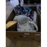 A mixed lot containing a Limoges wash jug, various blue and white china, vaseline glasswares and