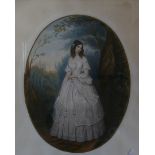 A 19th Century oval study of a young lady in woodland landscape, probably a coloured print, framed