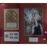Queen Elizabeth II coronation framed montage, to include coronation crown, stamps and souvenir
