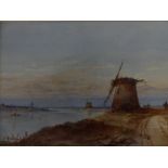 British School (19th Century) - A study of windmills at riverside, watercolour, framed