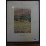 David Woodlock - Pasture scene with distant mountain, watercolour, framed and glazed