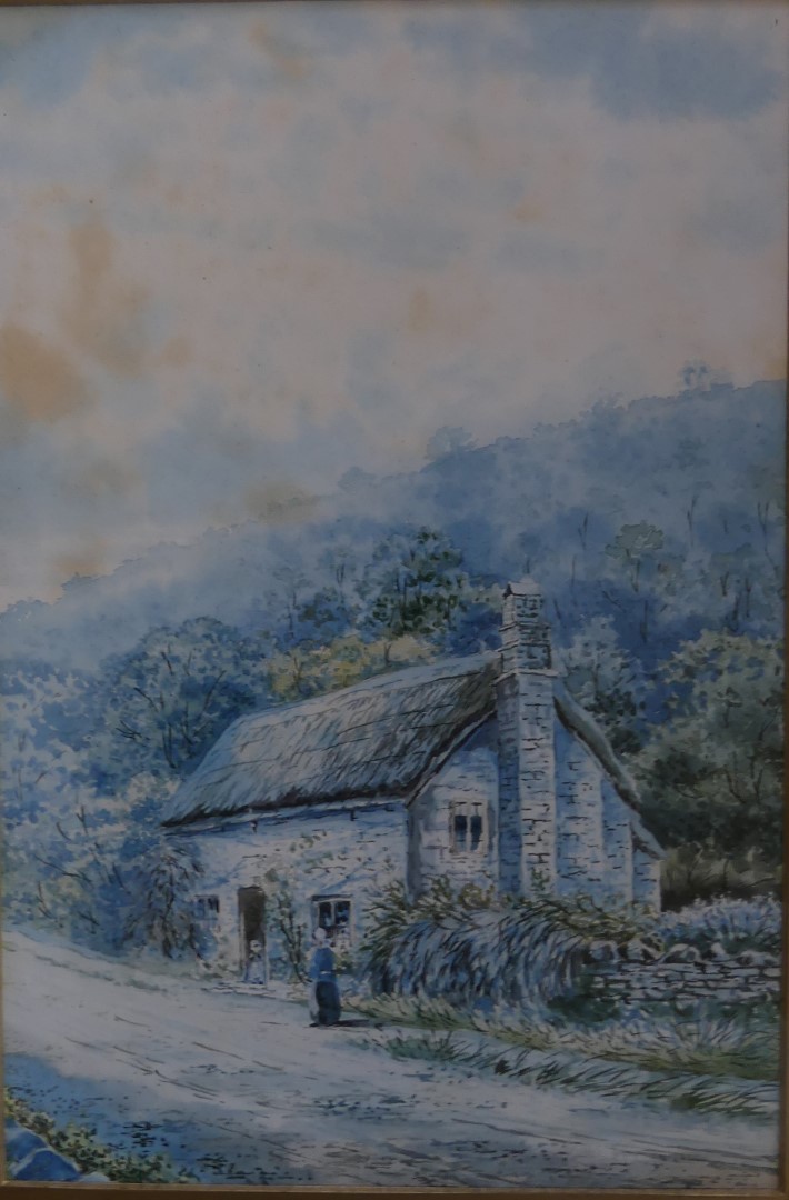 British School (19th Century), a watercolour study of figures by a thatched cottage, framed and