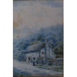 British School (19th Century), a watercolour study of figures by a thatched cottage, framed and