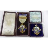 Two cased silver gilt and enamel Masonic jewels for the Uter Pendragon Lodge no. 3481, circa 1900 To