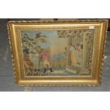 A 19th Century needlework picture within a gilt frame The picture depicting a gallant being