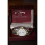 A boxed gents Rotary quartz 3 ATM wristwatch With stainless steel link bracelet.