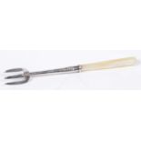 A Charles Horner silver pickle fork With three prongs and a Mother of Pearl handle, 10cm long.