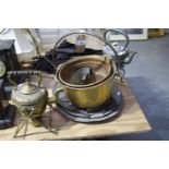 A collection of various metal wares To include a brass jam skillet, a copper colander, a brass