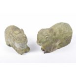 Two sandstone garden ornaments in the form of rabbits Both modeled recumbent (length 30cm and
