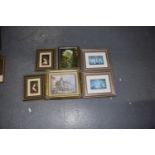 A mixed group of various paintings and framed postcards To include two A Asti postcard examples