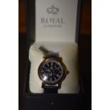 A Royal London wristwatch The black dial with Roman numeral hour markers and subsidiary day and