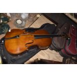 A 3/4 size Cello Total length 45", (in need of restoration), sold with travel bag.