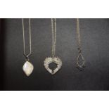 Three necklaces To include a mother of pearl pendant, a heart pendant and one other, stamped 925,