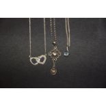 Three necklaces To include a heart pendant, blue gem pendant and one other, stamped 925, total