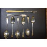 A selection of silver flatware To include six teaspoons, together with a mother of pearl handled