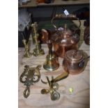 A mixed group of brass and copper Comprising a 34cm high copper kettle, a copper lidded pan, a brass