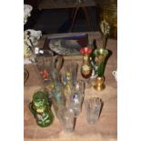 A collection of decorative glassware To include a Mary Gregory green glass decanter decorated with a