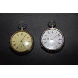 Two silver pocket watches Each with a white enamel dial and Roman numeral hour markers, one signed