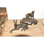 An Art Deco bronzed group Modeled as a Greyhound with his companion and signed P. J. Meine mounted