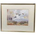 Robert W Milliken (British b.1920) 'Pheasants in flight' Watercolour, signed lower right corner,
