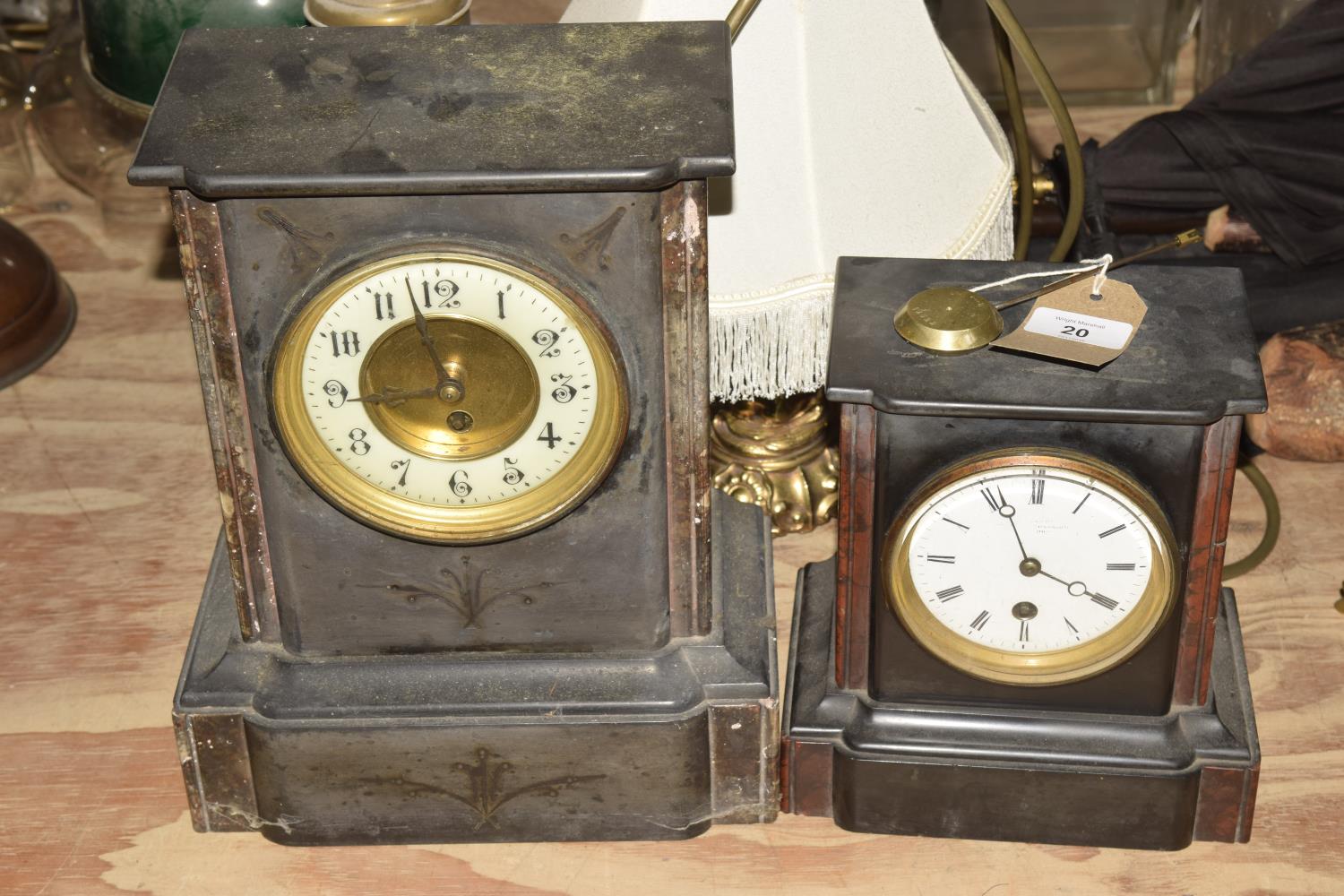 A Victorian marble and slate mantle clock Having a 13cm gilt metal and enameled dial painted with