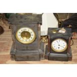 A Victorian marble and slate mantle clock Having a 13cm gilt metal and enameled dial painted with