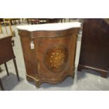 A French Kingswood serpentine cabinet Having a painted marble top above a frieze centred with a gilt