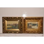 A pair of watercolours Rural scenes depicting horses by pond within heavy gilt frames, unsigned.