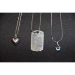 Three necklaces To include a dog tag pendant, a heart pendant and one other, stamped 925, total