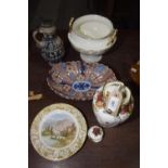 A collection of decorative ceramics To include a Cauldon pedestal bowl with gilt handles, a German