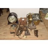 A mixed group of metal wares To include a brass jam skillet, a pewter teapot, two flat irons, a