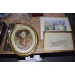 A mixed group of paintings To include an oval watercolour portrait of a Lady, a ink drawing of an