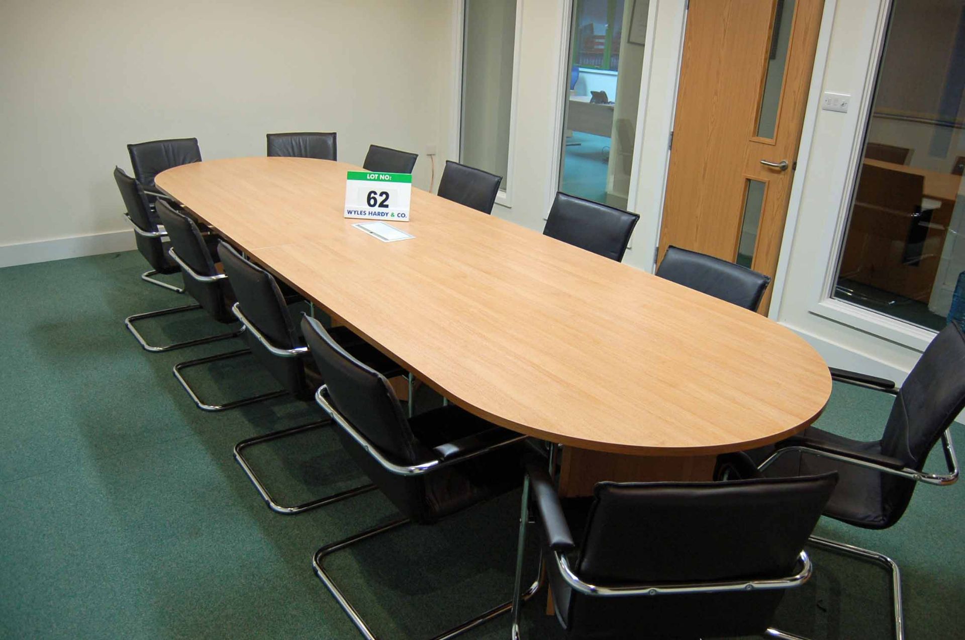 A 4M x 1.2M Oak Effect Double 'D' Ended Boardroom Table with Arrow Head Bases, matching 1400mm 3-