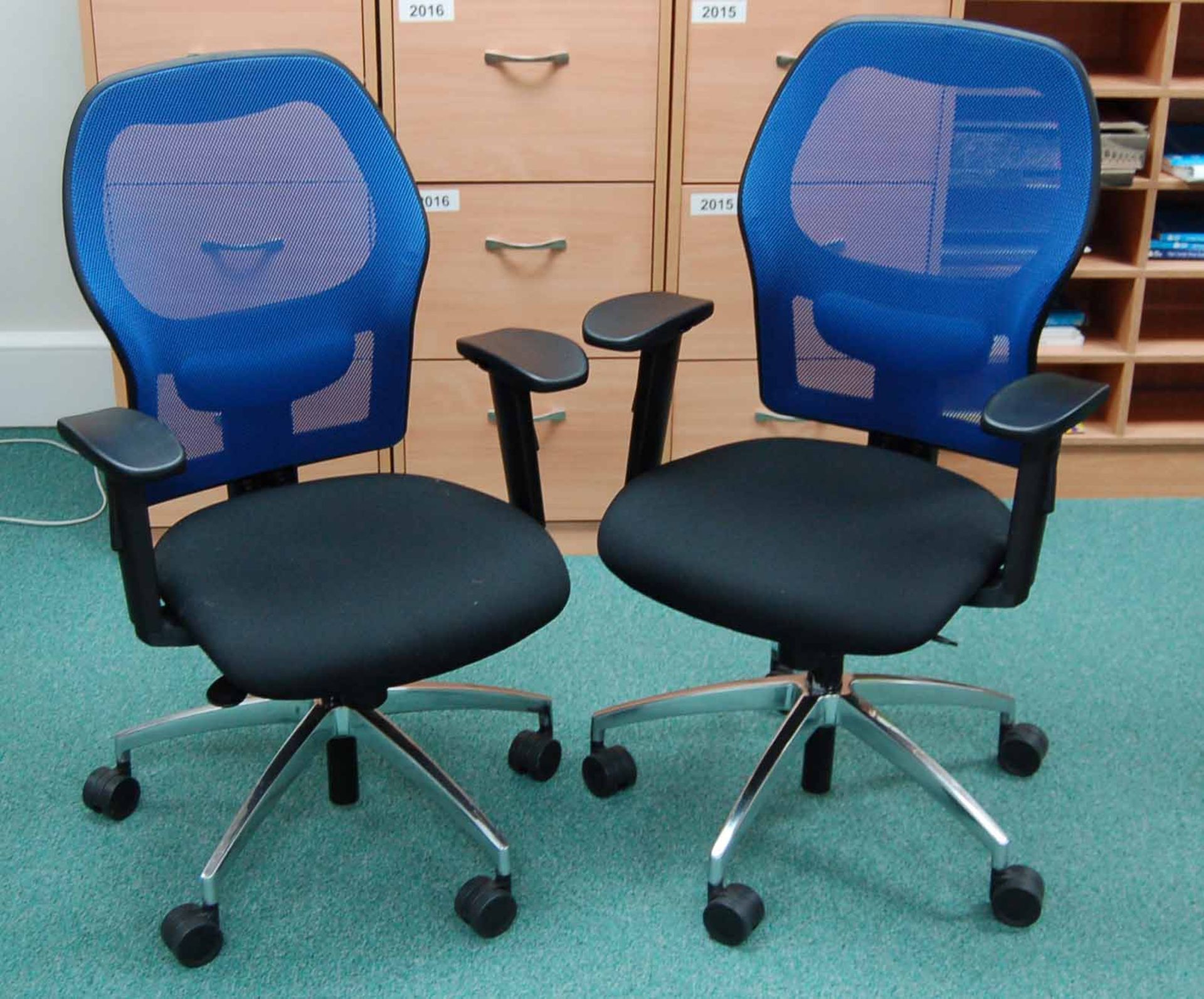 Two Blue Mesh Back Operators Chairs with Arms & Gas Lift