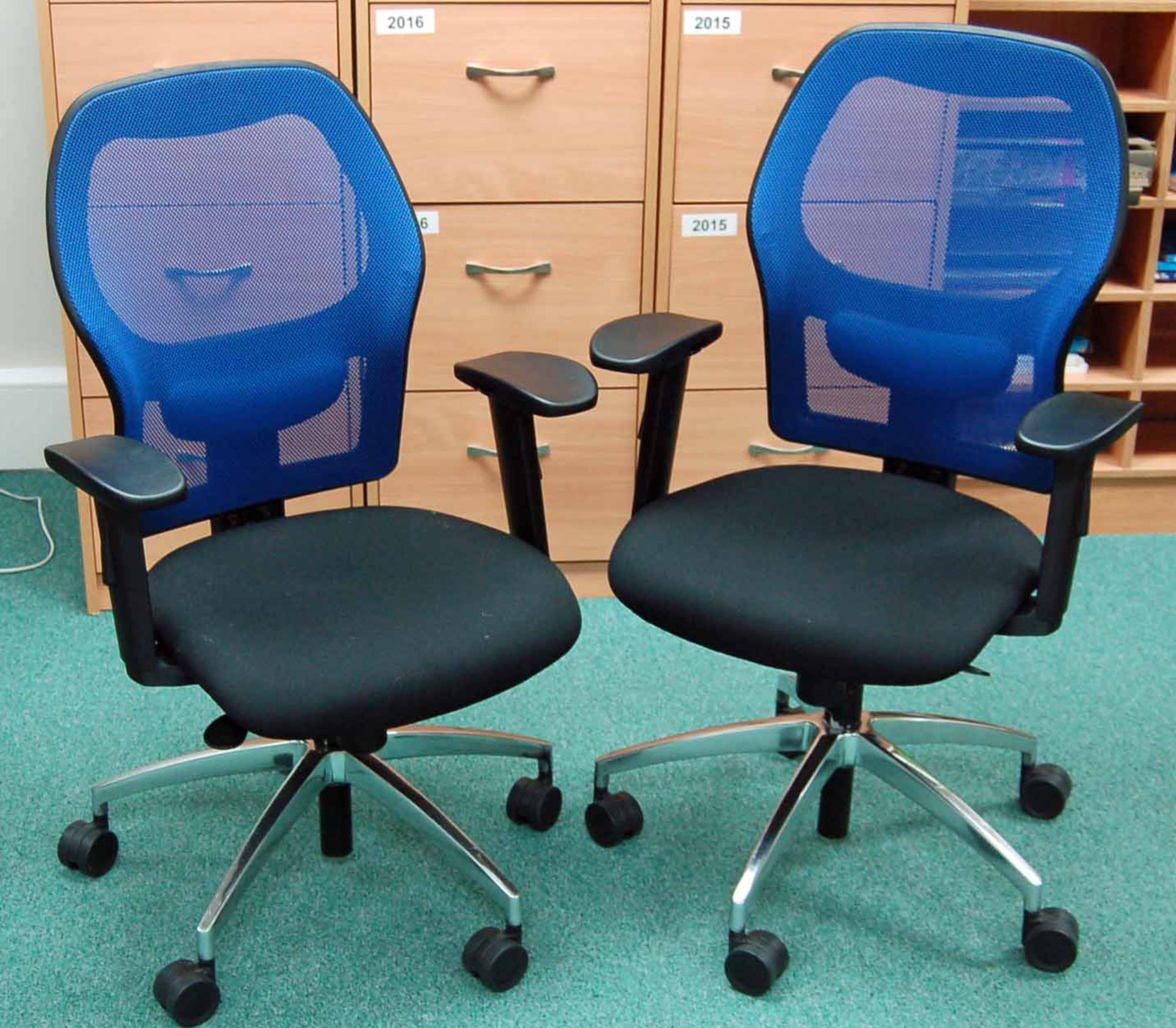 Two Blue Mesh Back Operators Chairs with Arms & Gas Lift