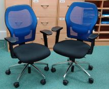 Two Blue Mesh Back Operators Chairs with Arms & Gas Lift