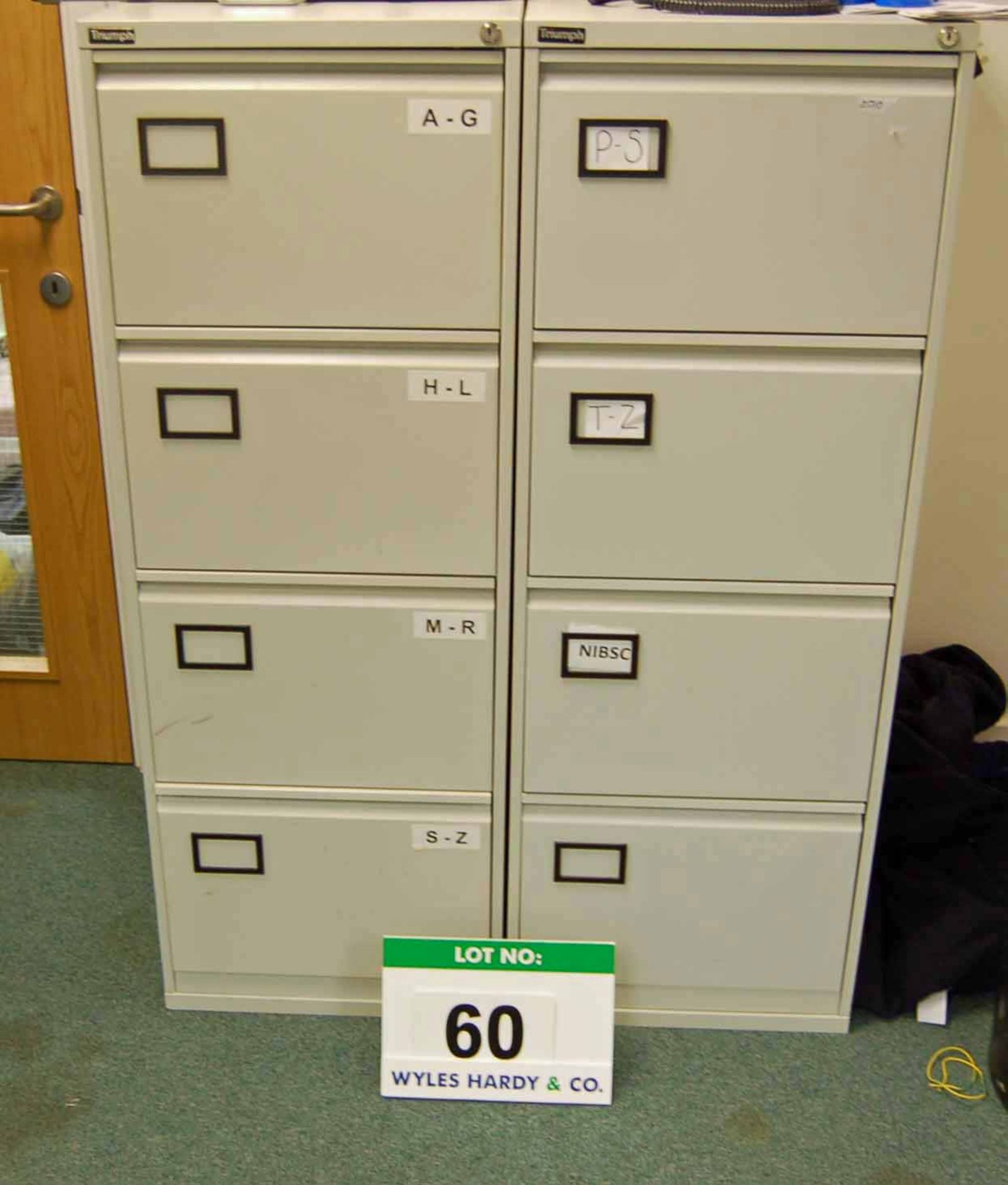 Two TRIUMPH 4-Drawer Filing Cabinets and A 1000mm x 1000mm Grey Steel 2-Door Stationery Cupboard