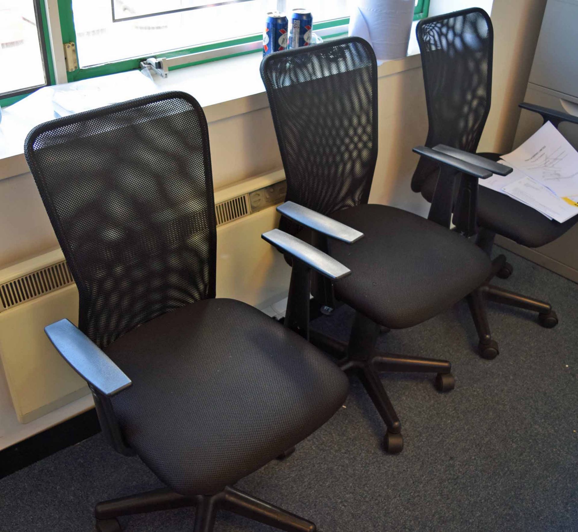 An Ash Effect Desk, Four Black Fabric and Mesh Upholstered Gas Lift Typists Swivel Armchair on - Image 4 of 4