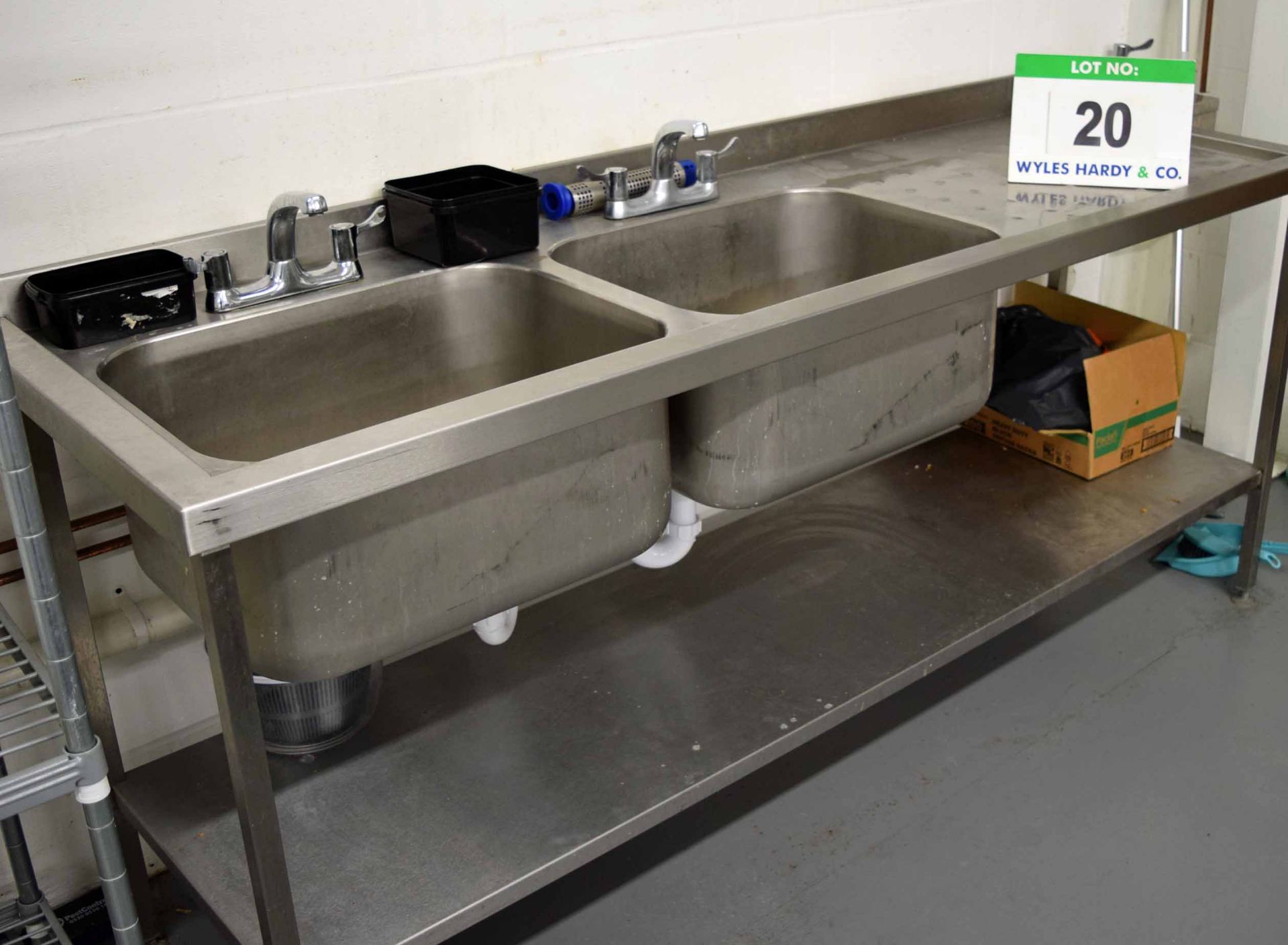 A 2100mm x 680mm Twin Bowl Commercial Free Standing Sink Unit with Single Right Hand Draining Area