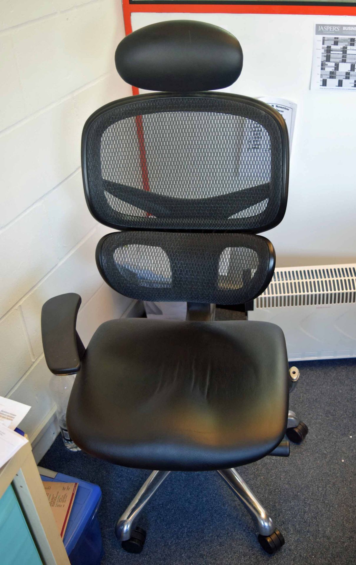 An Ash Effect Desk, Four Black Fabric and Mesh Upholstered Gas Lift Typists Swivel Armchair on - Image 2 of 4