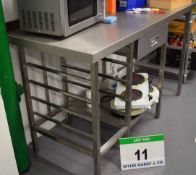 A 1500mm x 680mm Stainless Steel Preparation Table with Rack Shelves to One Side and Single Drawer