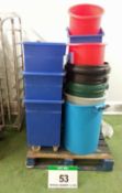 Seven Polypropylene Mobile Bins and Seven Various Plastic Bins