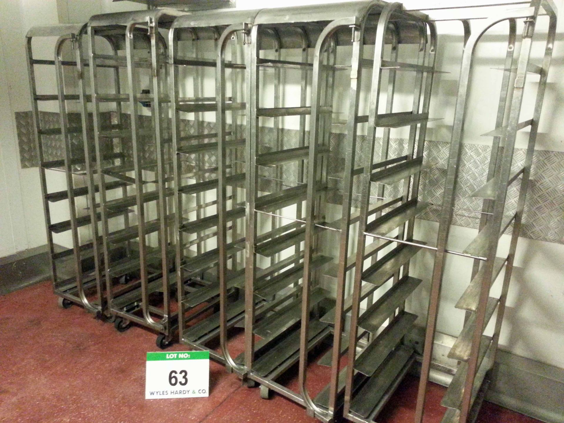 Five Stainless Steel 8-Tier Tray Trolleys for Approx. 420mm x 600mm Trays