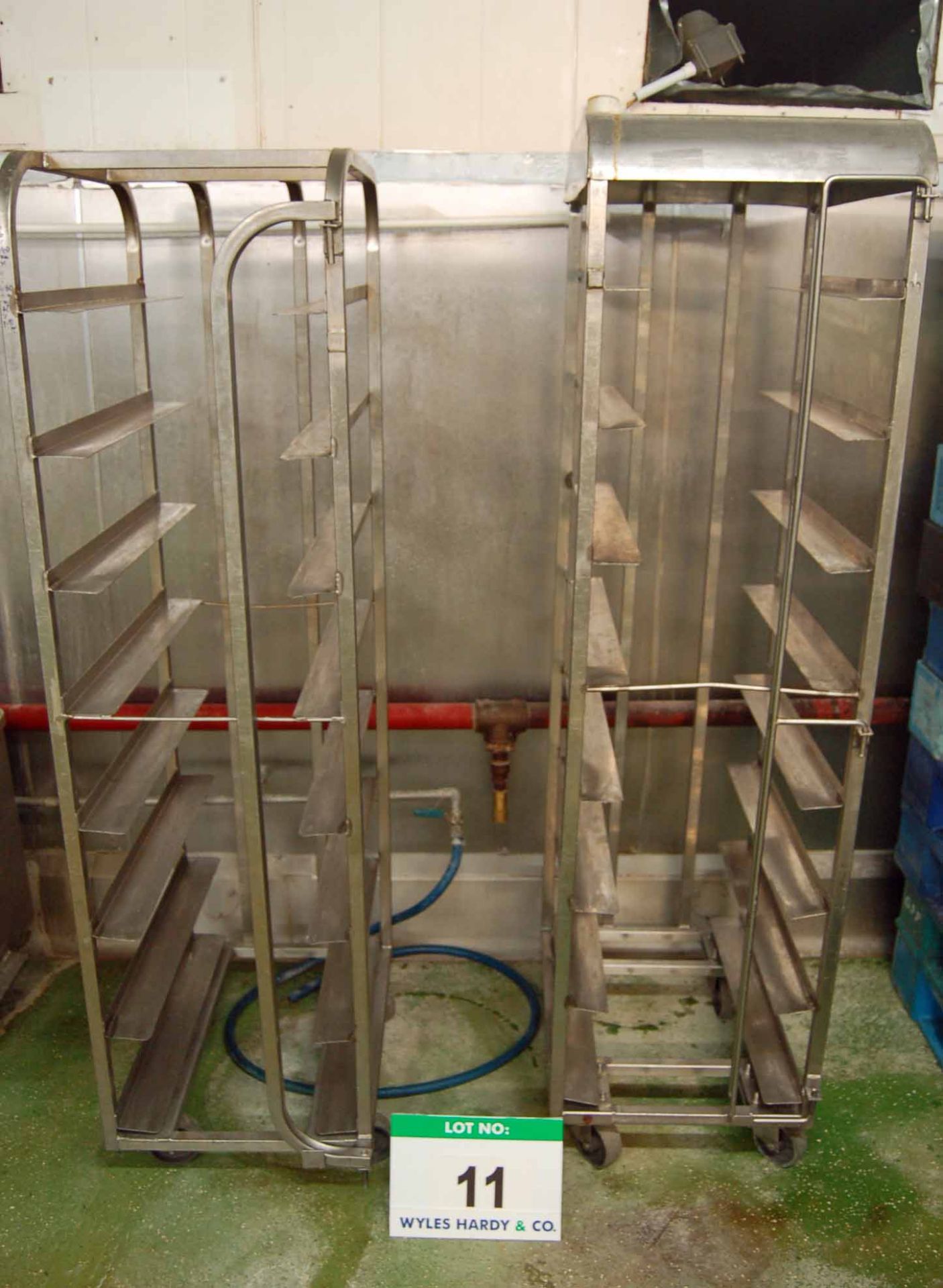 Two Stainless Steel 8-Tier Tray Trolleys for Approx. 420mm x 600mm Trays