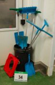 A Waste Bin, A Red Polypropylene Drum Trolley with Four Various Scrapers, A Broom and Three