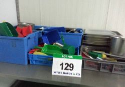 A Quantity of Various Plastic Scoops, Plastic Tubs, Stainless Steel Trays and Pots (As