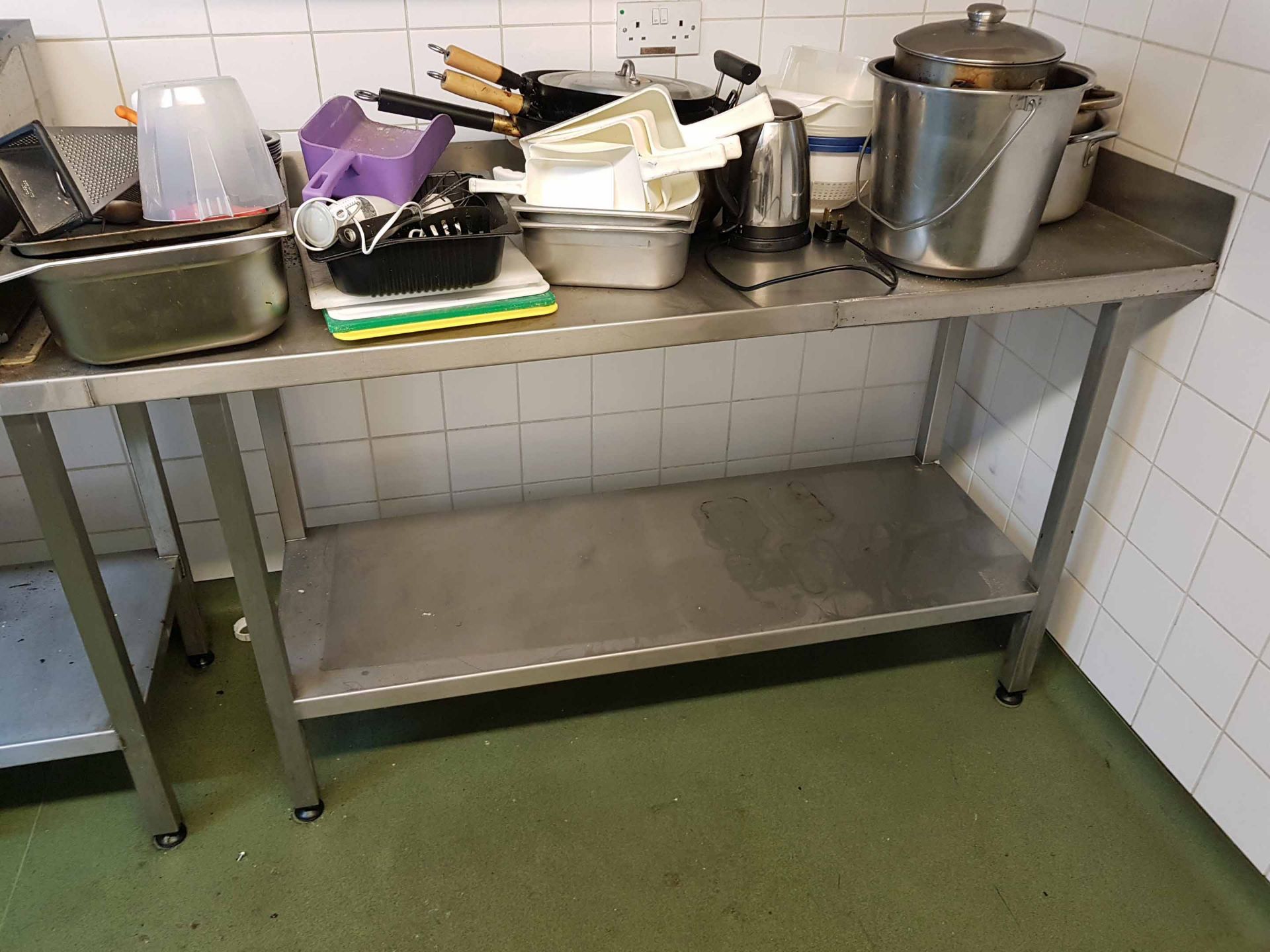 An Approx. 1570mm x 600mm x 890mm Stainless Steel 2-Tier Food Preparation Table and A Quantity of